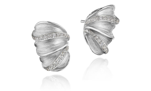 Elegant white gold leaf-shaped earrings with sparkling diamond accents from TACORI.